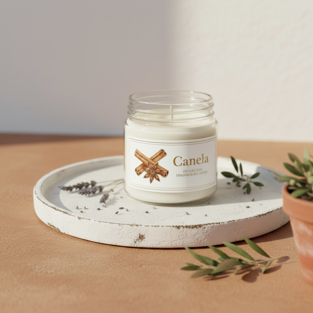 Vela de soja canela en ambiente mediterráneo minimalista con lavanda y rama de olivo