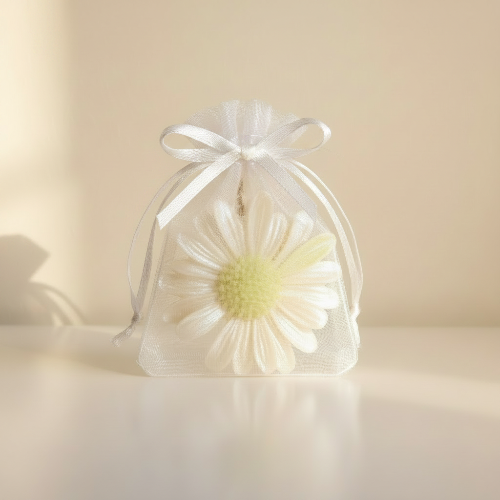 Ambientador artesanal margarita jazmín dentro de bolsa de organza con lazo blanco presentación regalo
