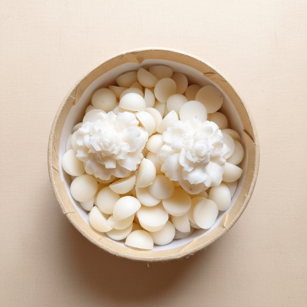 Wax melts jazmín vista cenital cuenco de madera