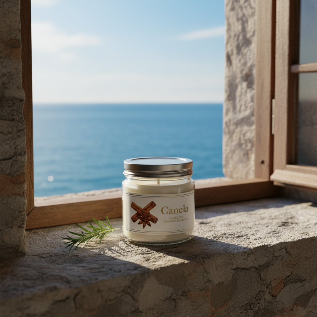 Vela canela con tapa en alféizar mediterráneo sin cortina